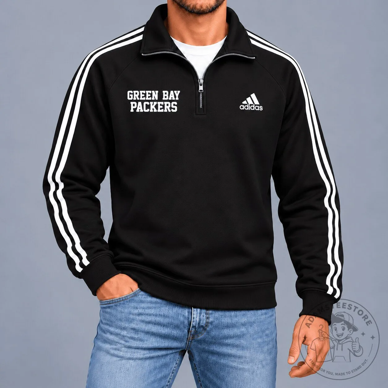 Green Bay Packers Adidas Black Quarter-Zip Pullover Sweatshirt for Men 2 Green Bay Packers Adidas Black Quarter-Zip Pullover Sweatshirt for Men