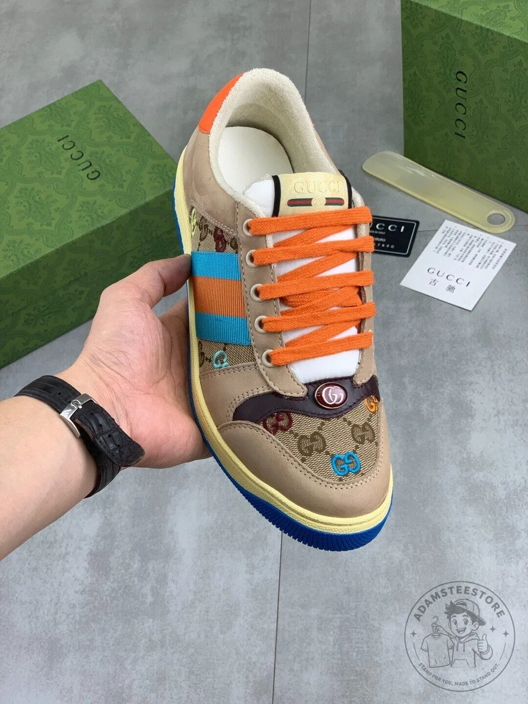 Gucci Beige Striped Low-Top Lace-Up Fashion Sneakers for Men and Women