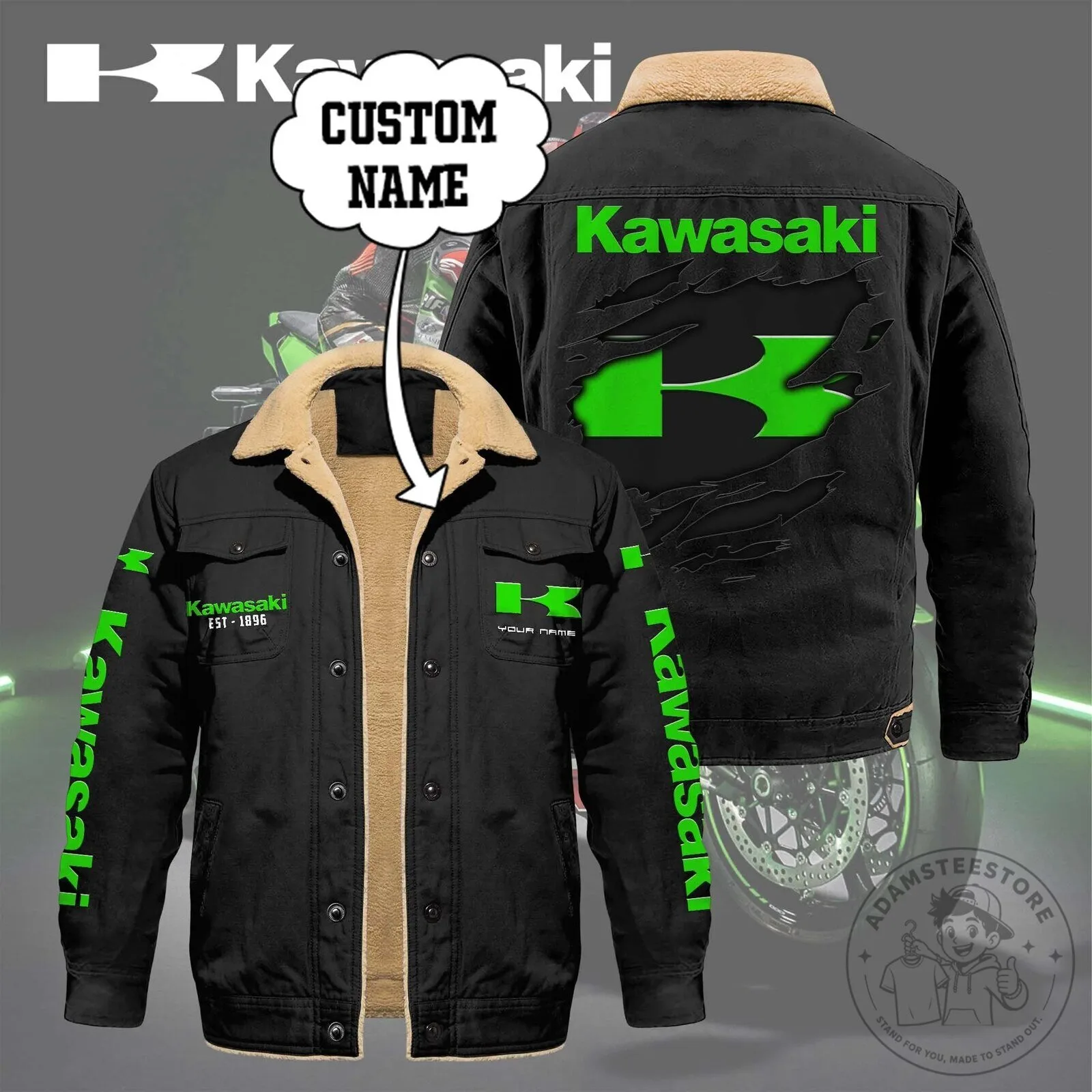 Custom Name Kawasaki Motorcycle Logo Fleece Cotton Jacket
