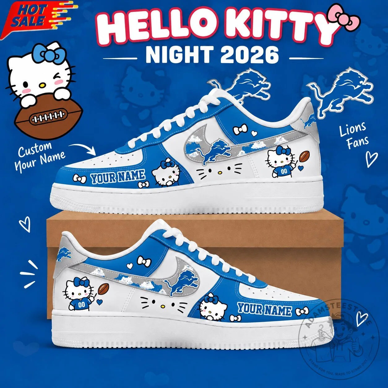 Hello Kitty Detroit Lions NFL Custom Name Low Top Sneakers