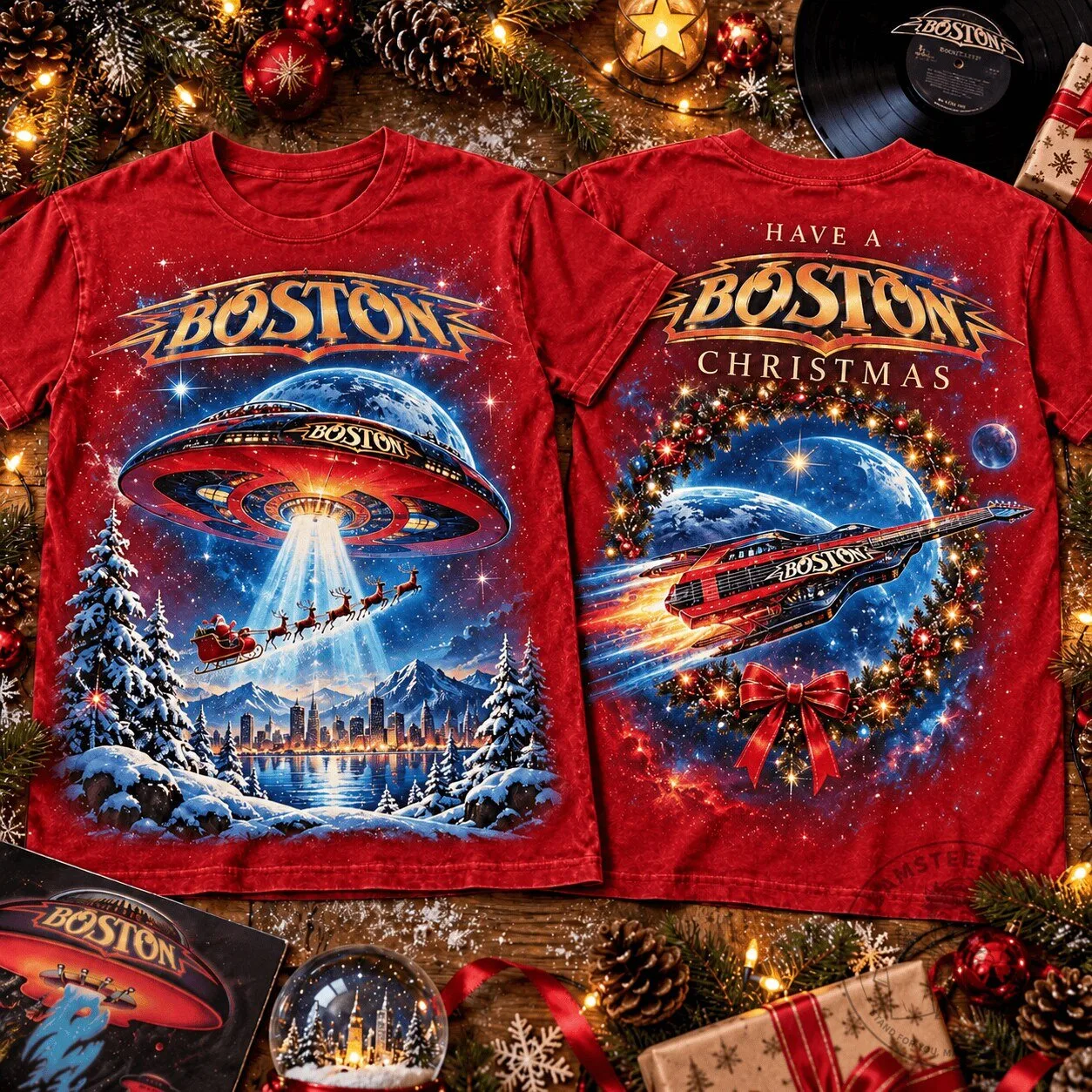 Boston Band Christmas Spacecraft Winter Scene T-Shirt