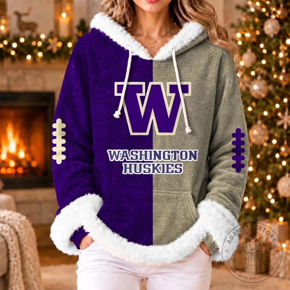 Washington Huskies Football Team Split Design Plush Trim Hoodie