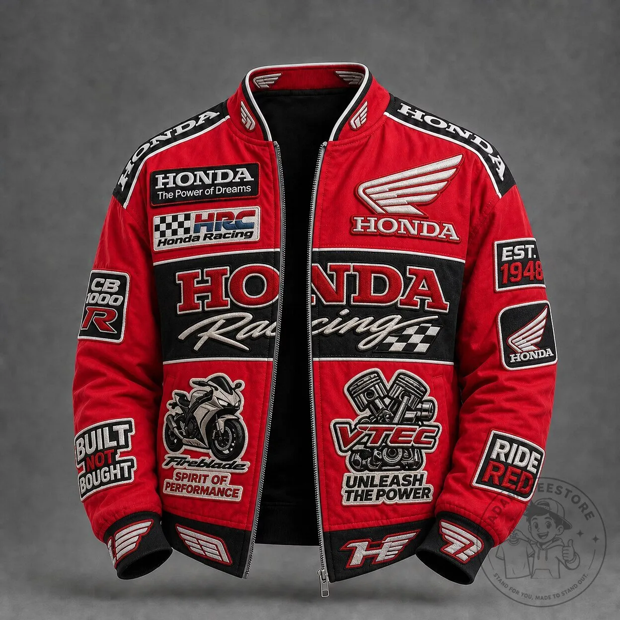 Honda Racing Motorcycle Bomber Jacket, Embroidered Cotton Blend Biker Streetwear Coat