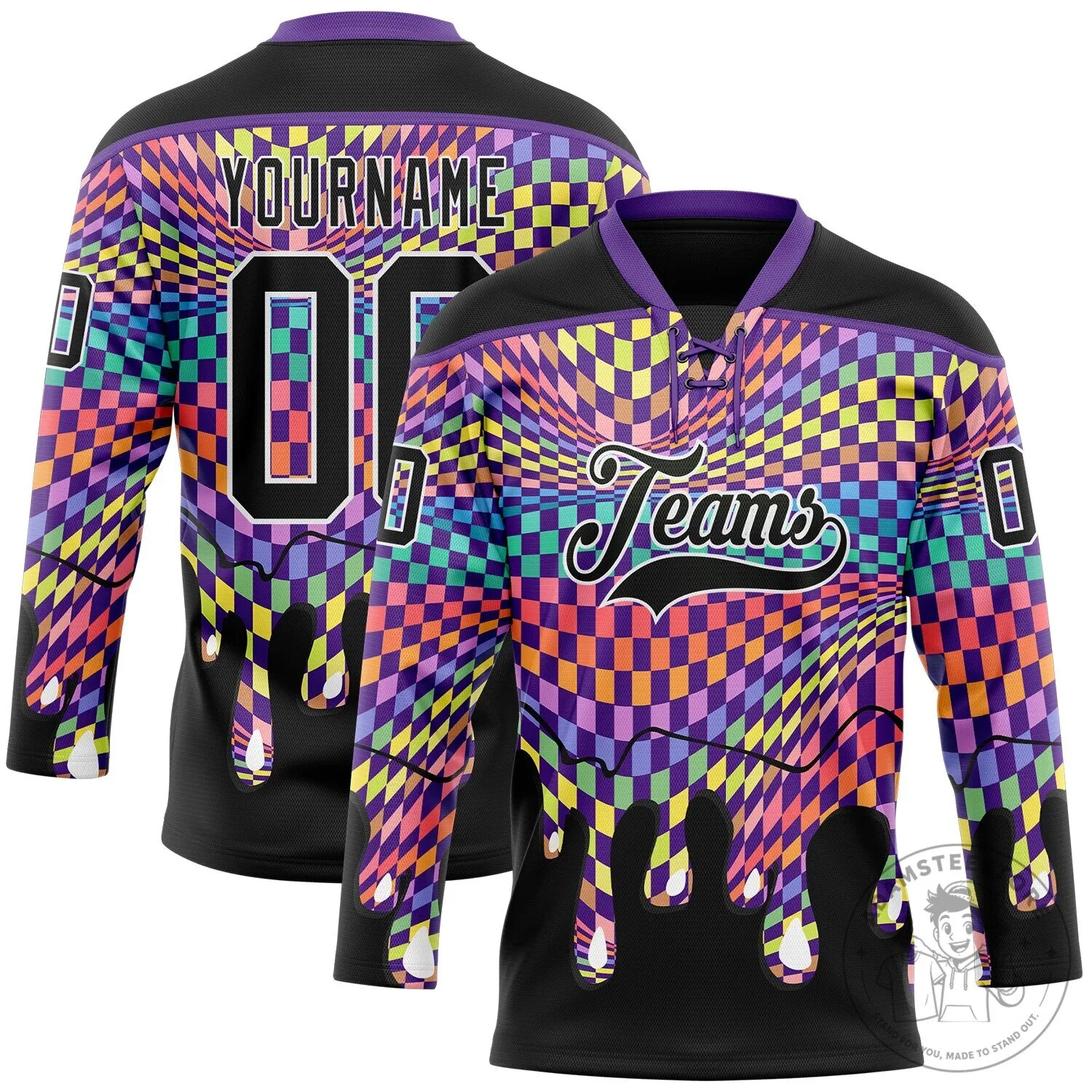 Custom Black White Purple Melting Rave Psychedelic Checkerboard Lace Neck Hockey Jersey