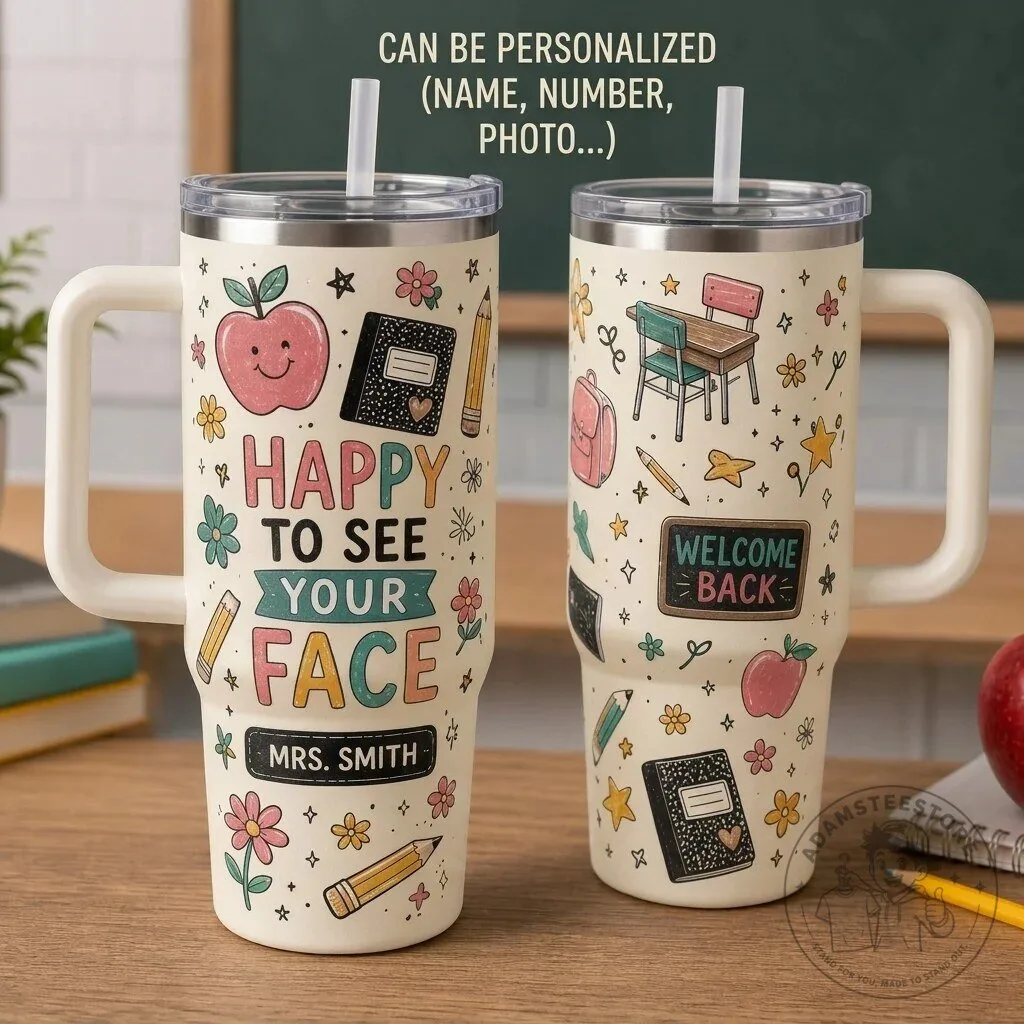 Personalized Happy To See Your Face Teacher Appreciation Gift Tumbler with Handle