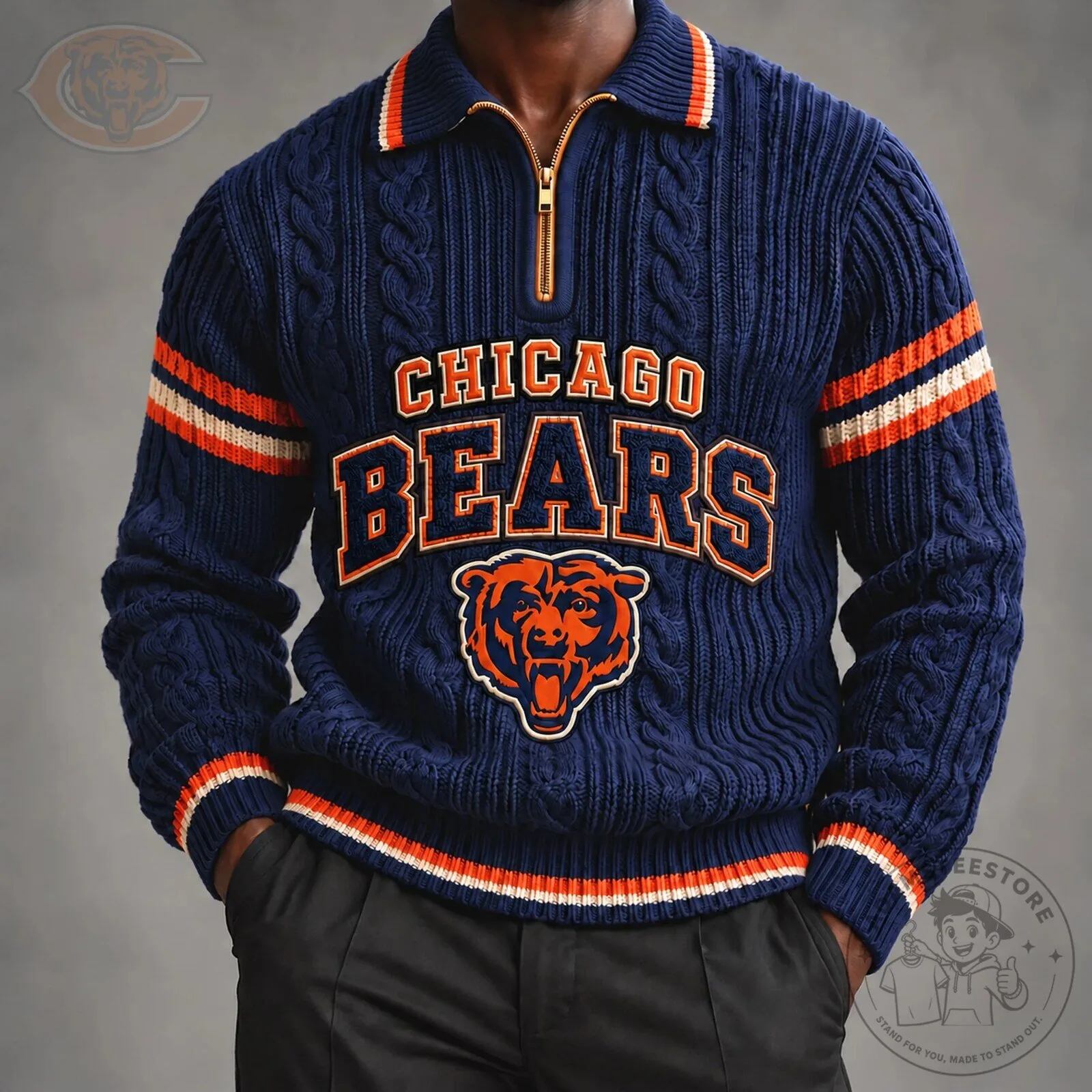 Cable Knit Quarter Zip Pullover Sweater featuring Chicago Bears NFL Team Logo