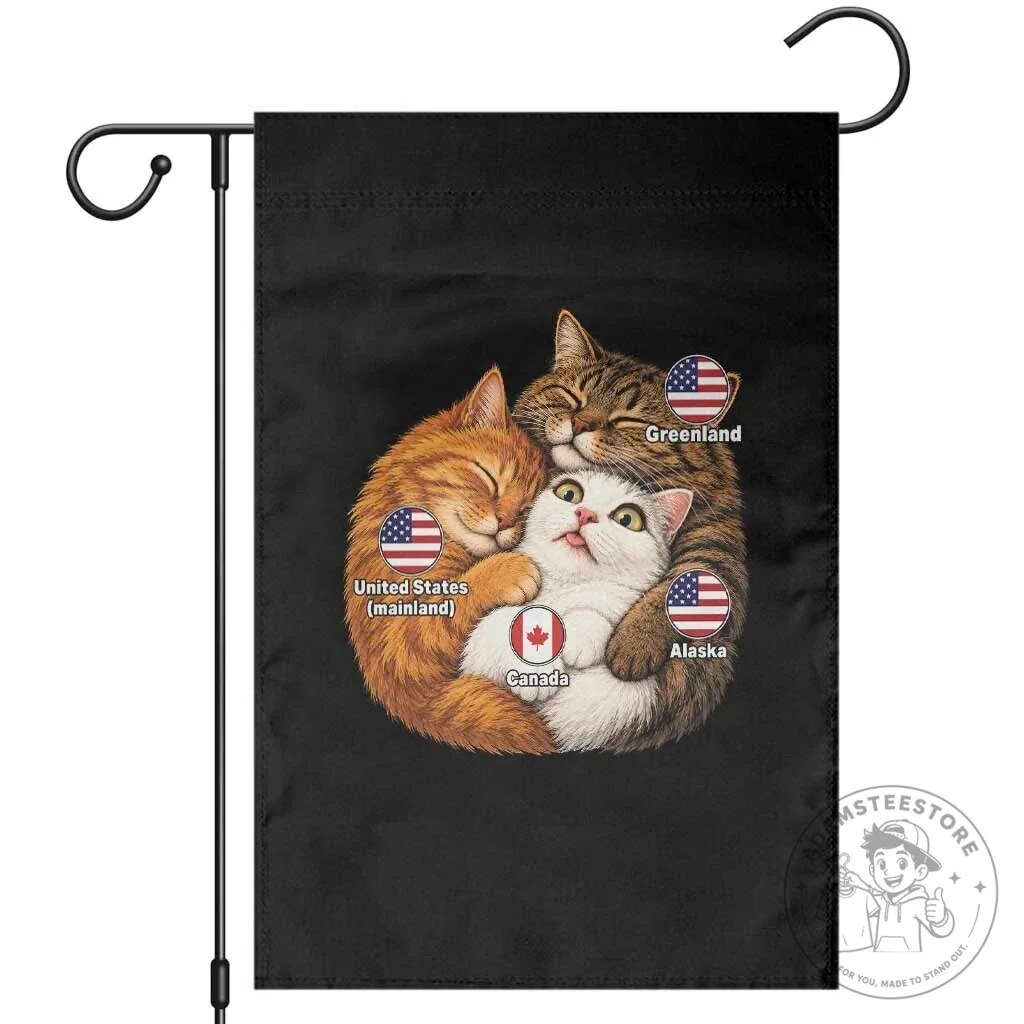 Canada Surrounded by United States and Greenland Funny Cats Hugging Parody Garden Flag