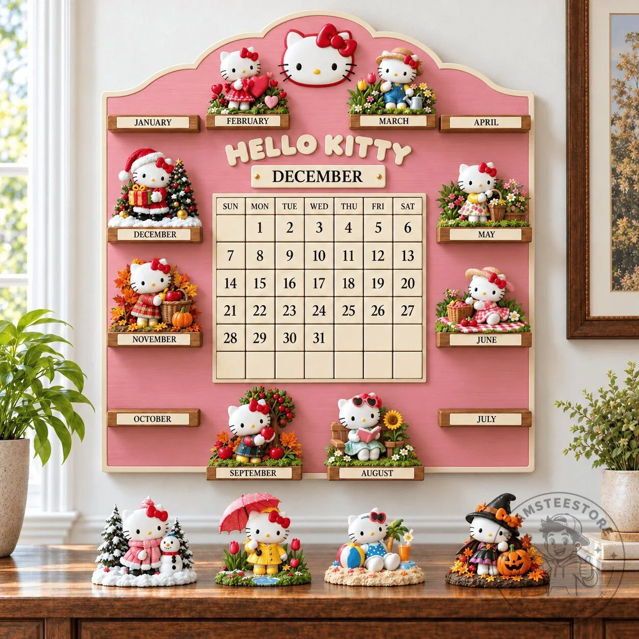 Hello Kitty Seasonal Perpetual Wall Calendar with Monthly Figurines