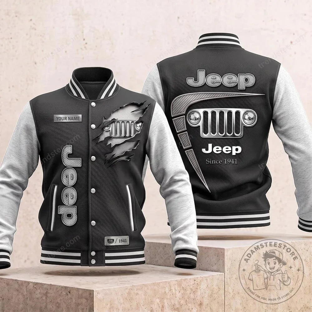 Jeep Logo Distressed Carbon Fiber Style Black and White Varsity Jacket