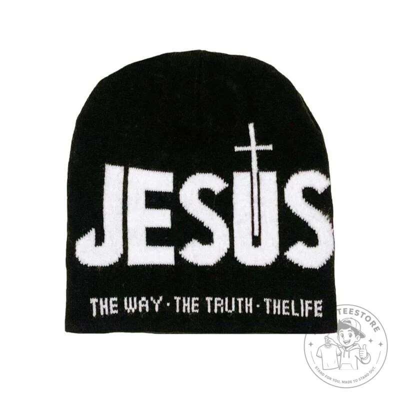 Jesus The Way The Truth The Life Christian Religious Black Knit Beanie Hat
