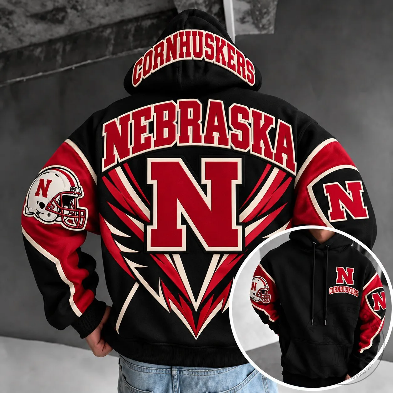 Black and Red Fan Hoodie for Nebraska Cornhuskers Football Team