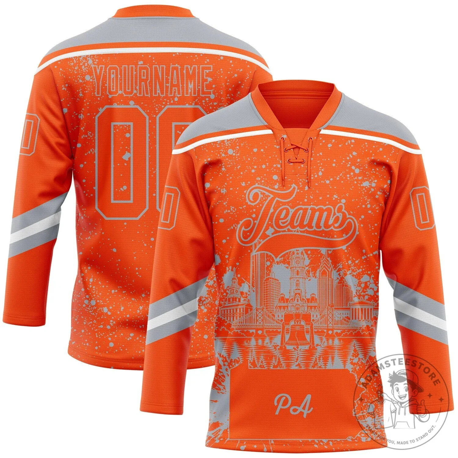 Philadelphia City Skyline Paint Splatter Custom Orange Gray White Hockey Jersey