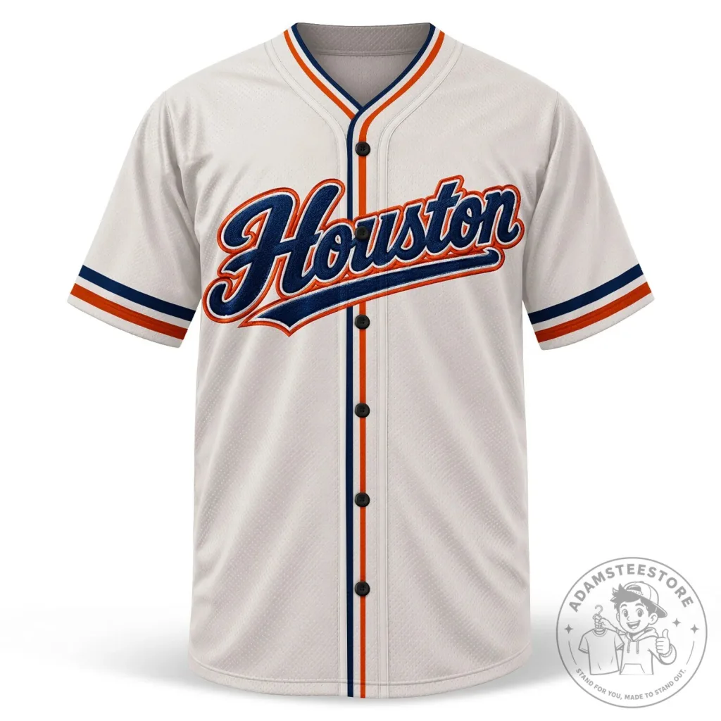 Houston City Script Baseball Jersey - White and Blue Striped Sports Top Houston City Script Baseball Jersey - White and Blue Striped Sports Top