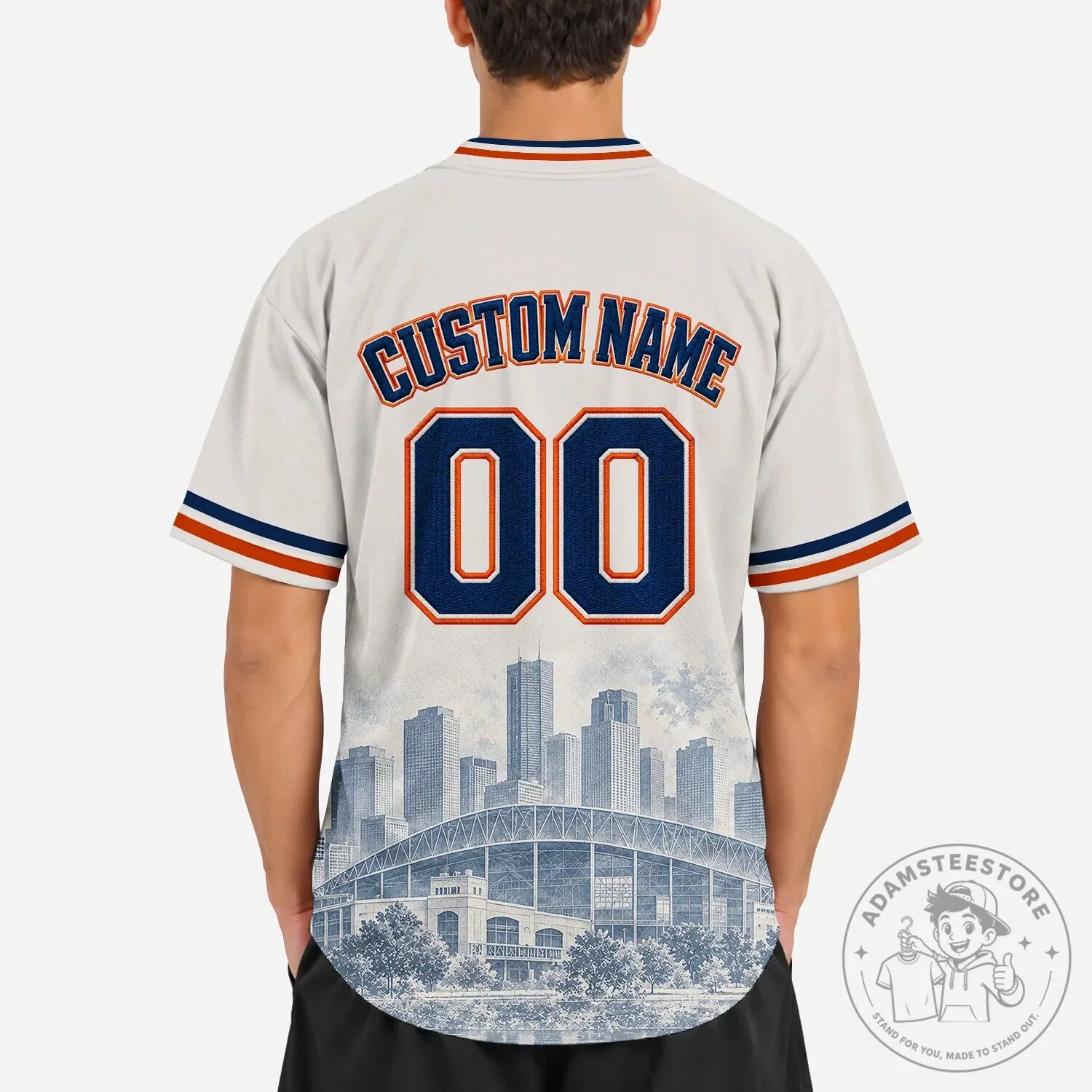 Houston City Script Baseball Jersey - White and Blue Striped Sports Top 17 Houston City Script Baseball Jersey - White and Blue Striped Sports Top