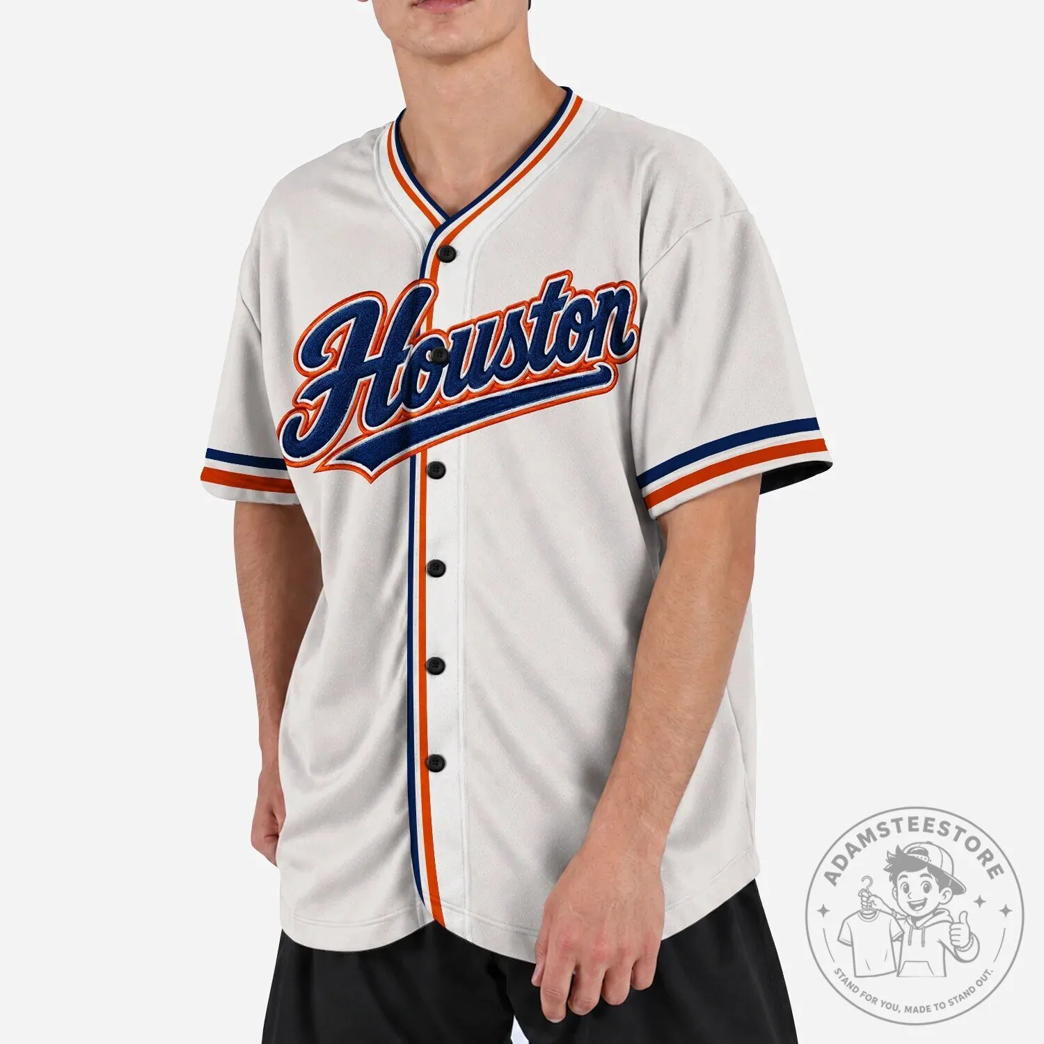 Houston City Script Baseball Jersey - White and Blue Striped Sports Top 18 Houston City Script Baseball Jersey - White and Blue Striped Sports Top