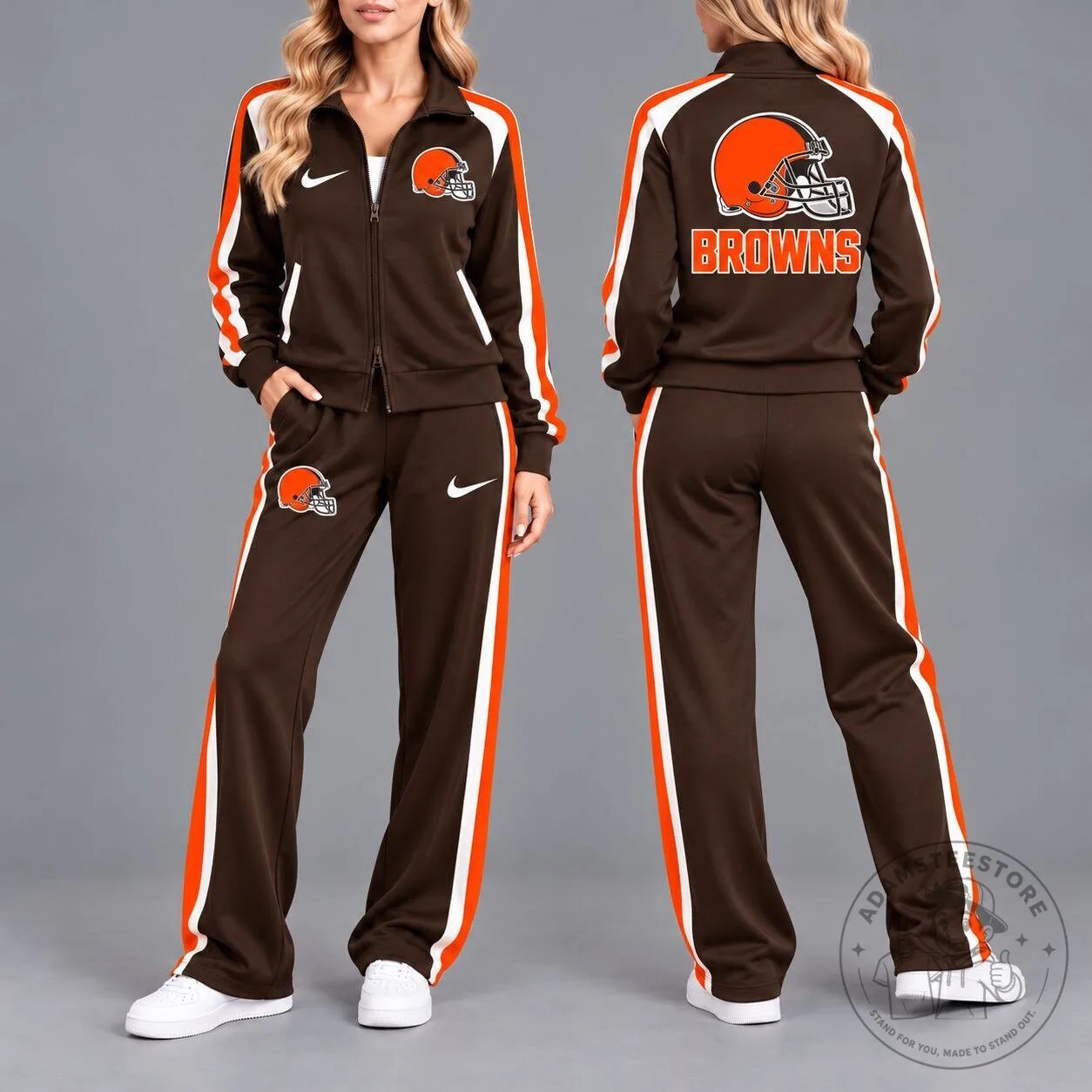 Cleveland Browns Football Team Brown and Orange Stripe Full-Zip Tracksuit Hoodie
