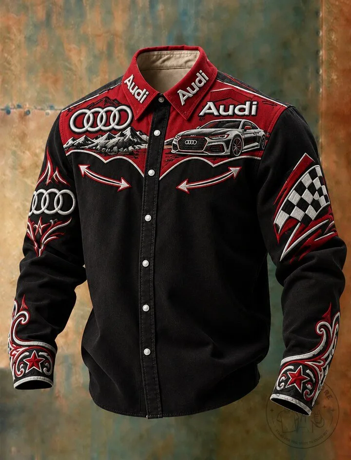 Audi Car Racing Embroidered Western Long-Sleeve Button-Up Shirt