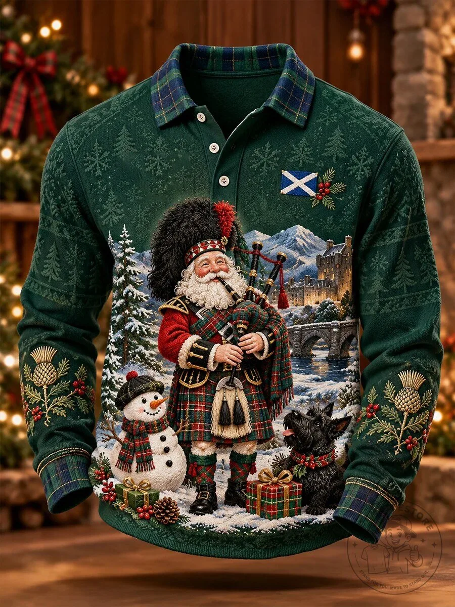 Scottish Santa Claus Bagpipes Christmas Winter Scene Long-Sleeve Polo Shirt