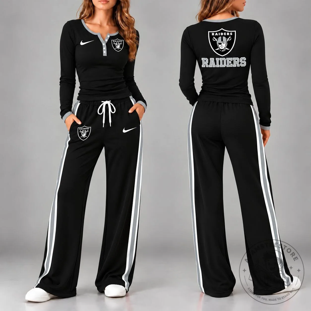 Las Vegas Raiders NFL Team Logo Women's Long Sleeve Henley Top and Pants Set