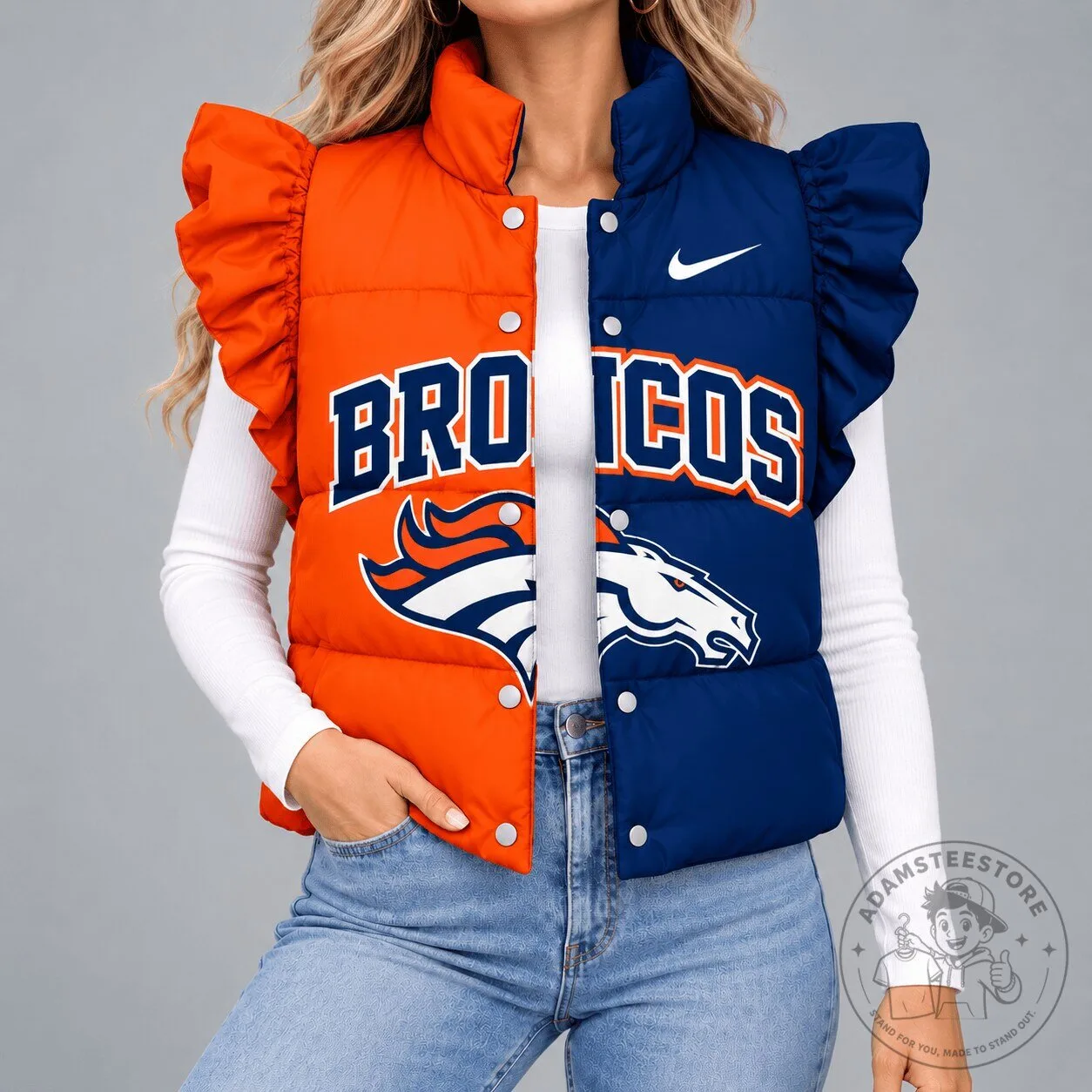 Denver Broncos NFL Split Color Ruffle Sleeve Quilted Puffer Vest