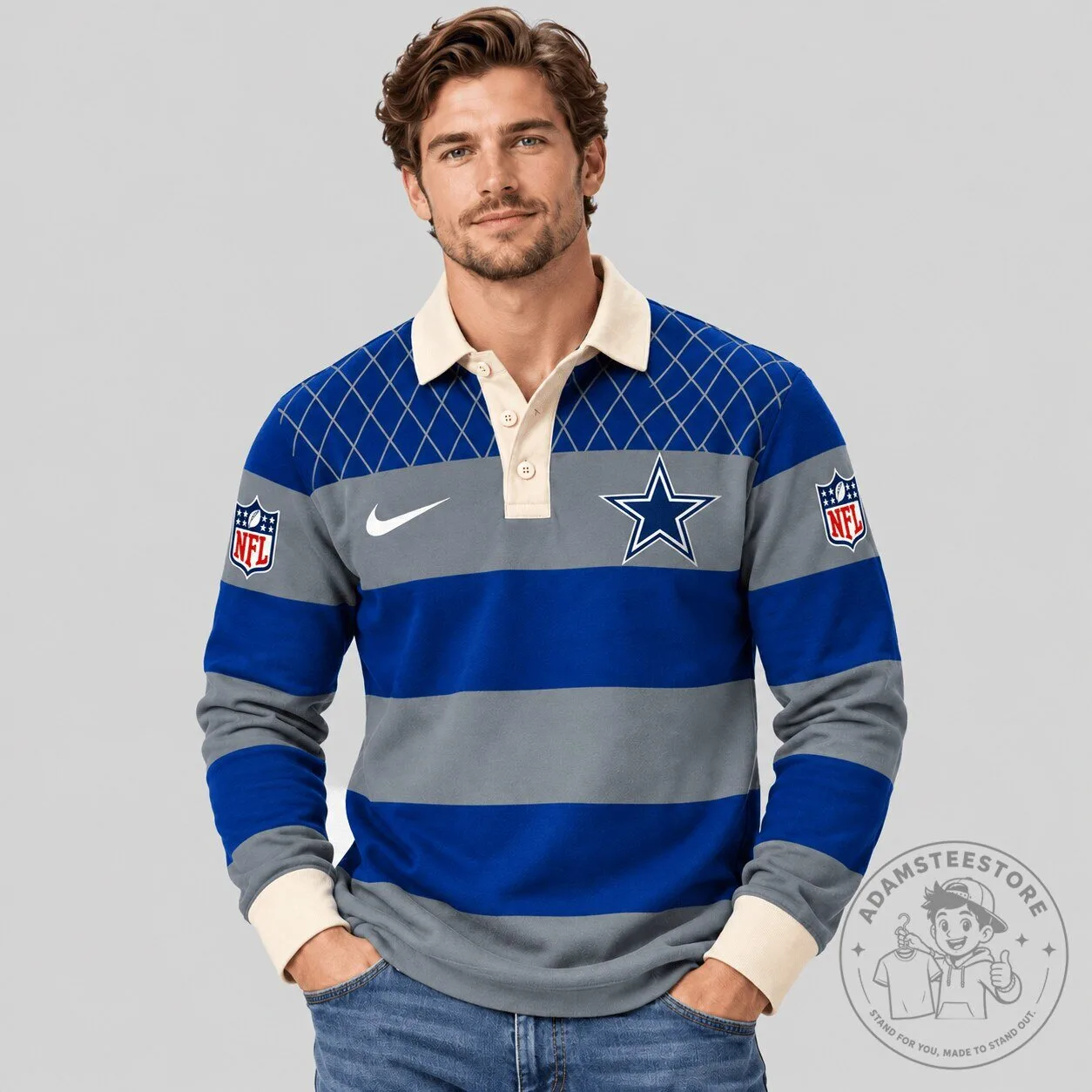Dallas Cowboys NFL Striped Rugby Long Sleeve Polo Shirt for Men