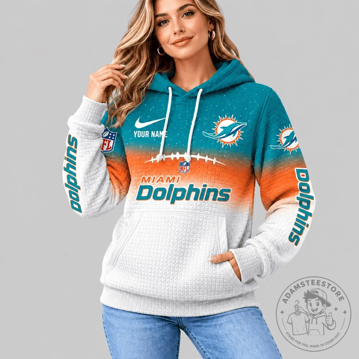 Miami Dolphins NFL Football Team Gradient Custom Name Waffle Hoodie