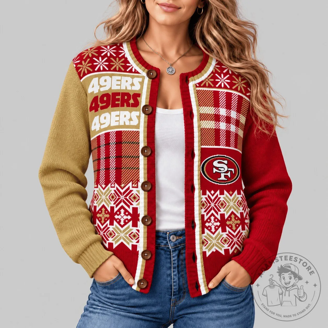 San Francisco 49ers NFL Fair Isle Plaid Knit Cardigan Sweater