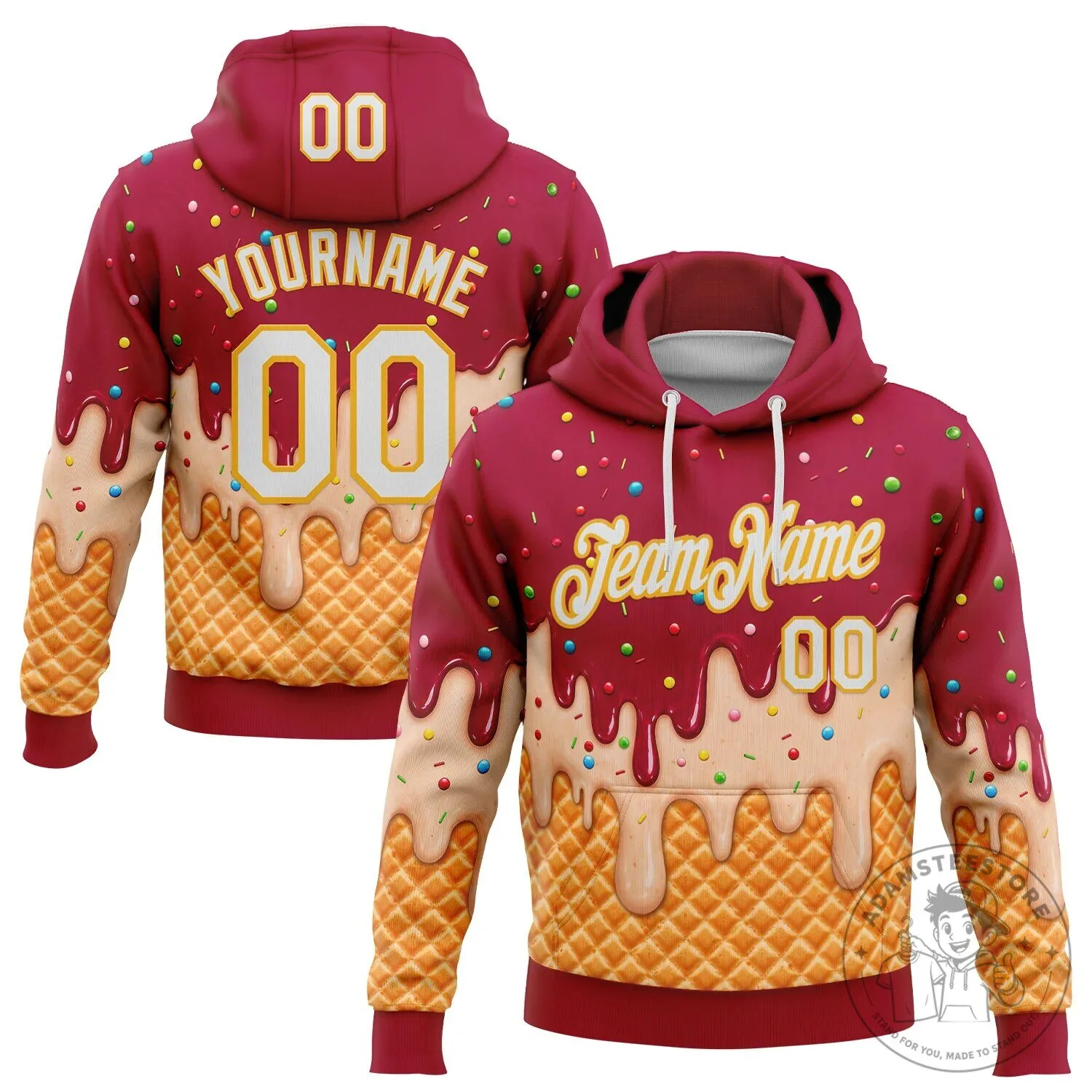 Ice Cream Waffle Cone Dessert Maroon Pullover Hoodie with Sprinkles