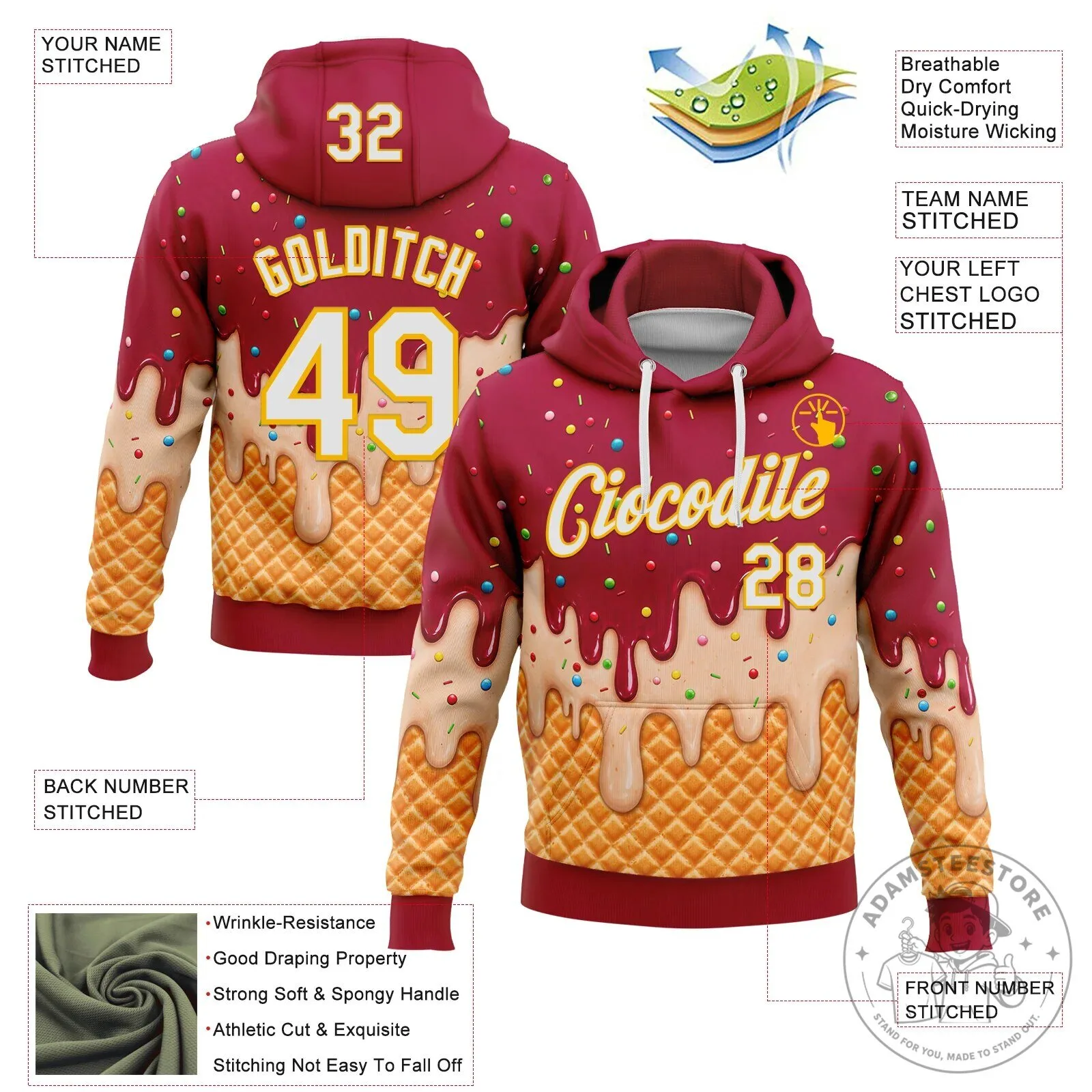 Ice Cream Waffle Cone Dessert Maroon Pullover Hoodie with Sprinkles 13 Ice Cream Waffle Cone Dessert Maroon Pullover Hoodie with Sprinkles