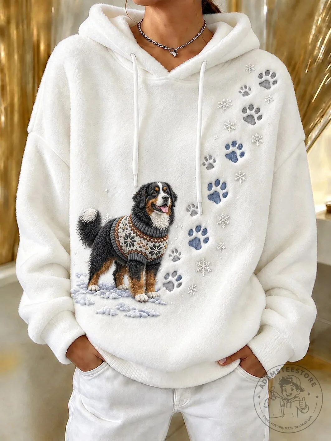Bernese Mountain Dog Winter Snow Paw Prints Women's Flannel Hoodie
