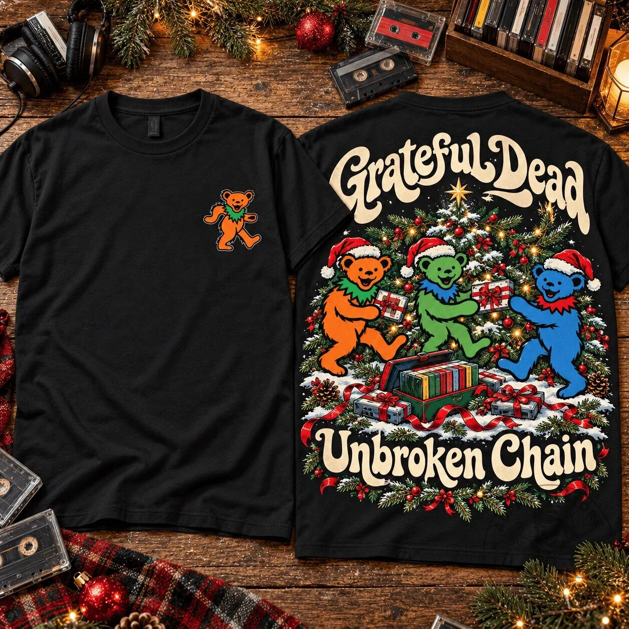 Holiday T-Shirt featuring Unbroken Chain and Grateful Dead Dancing Bears with Christmas Tree Design