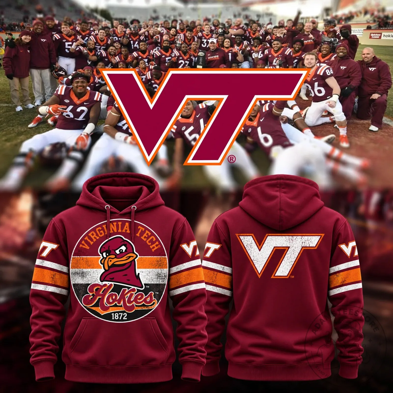 Maroon Hoodie featuring Distressed Logo of Virginia Tech Hokies Football Team